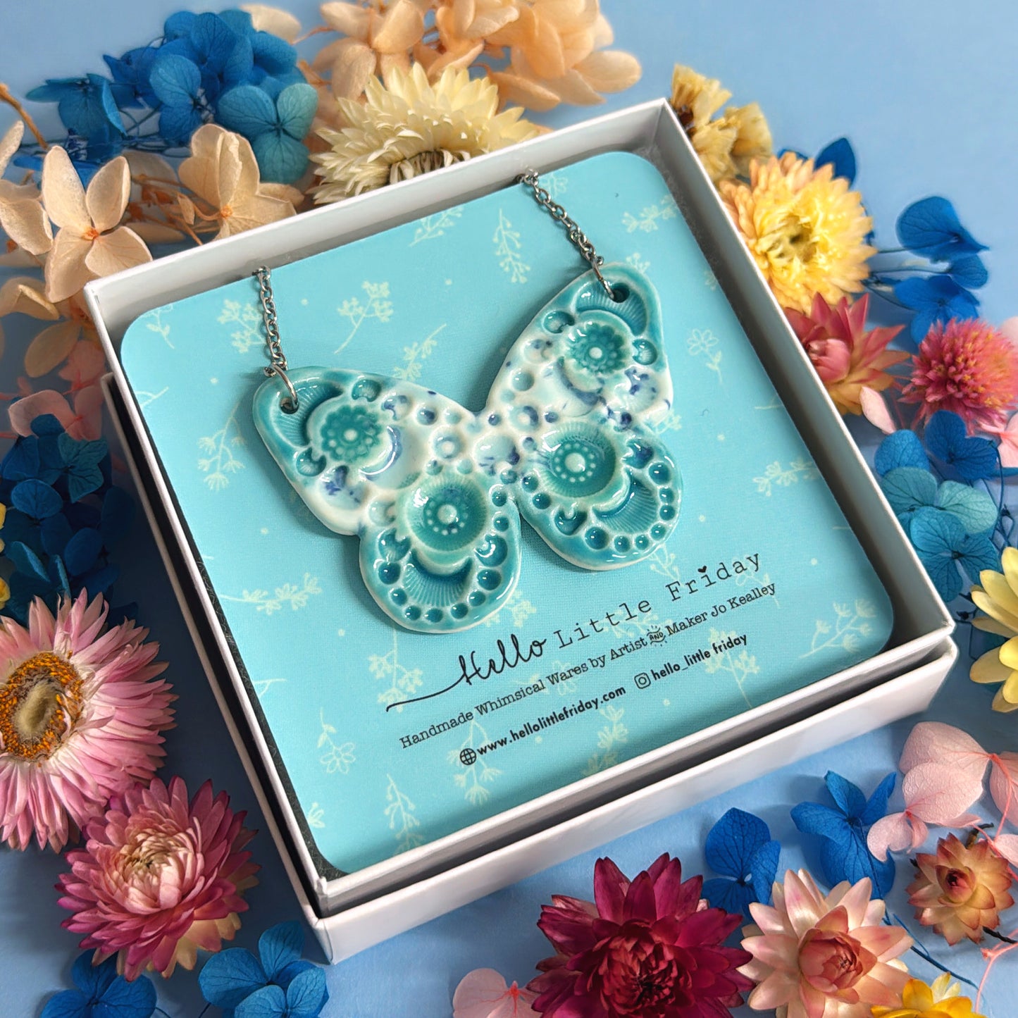 BUTTERFLY FLUTTERBY : Light aqua & Jade ~ One of a kind : Large Porcelain Pendant by Jo Kealley