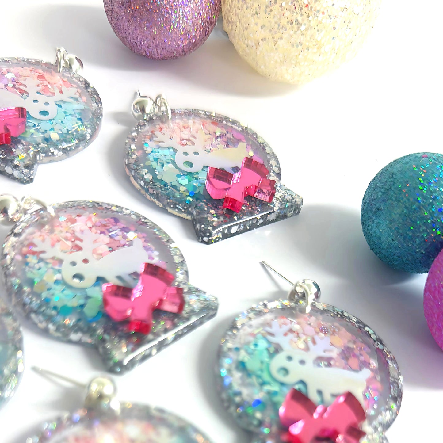 REINDEER SNOW GLOBES : PASTEL OMBRÈ: Handmade Resin & Acrylic Stud-top DROP Earrings