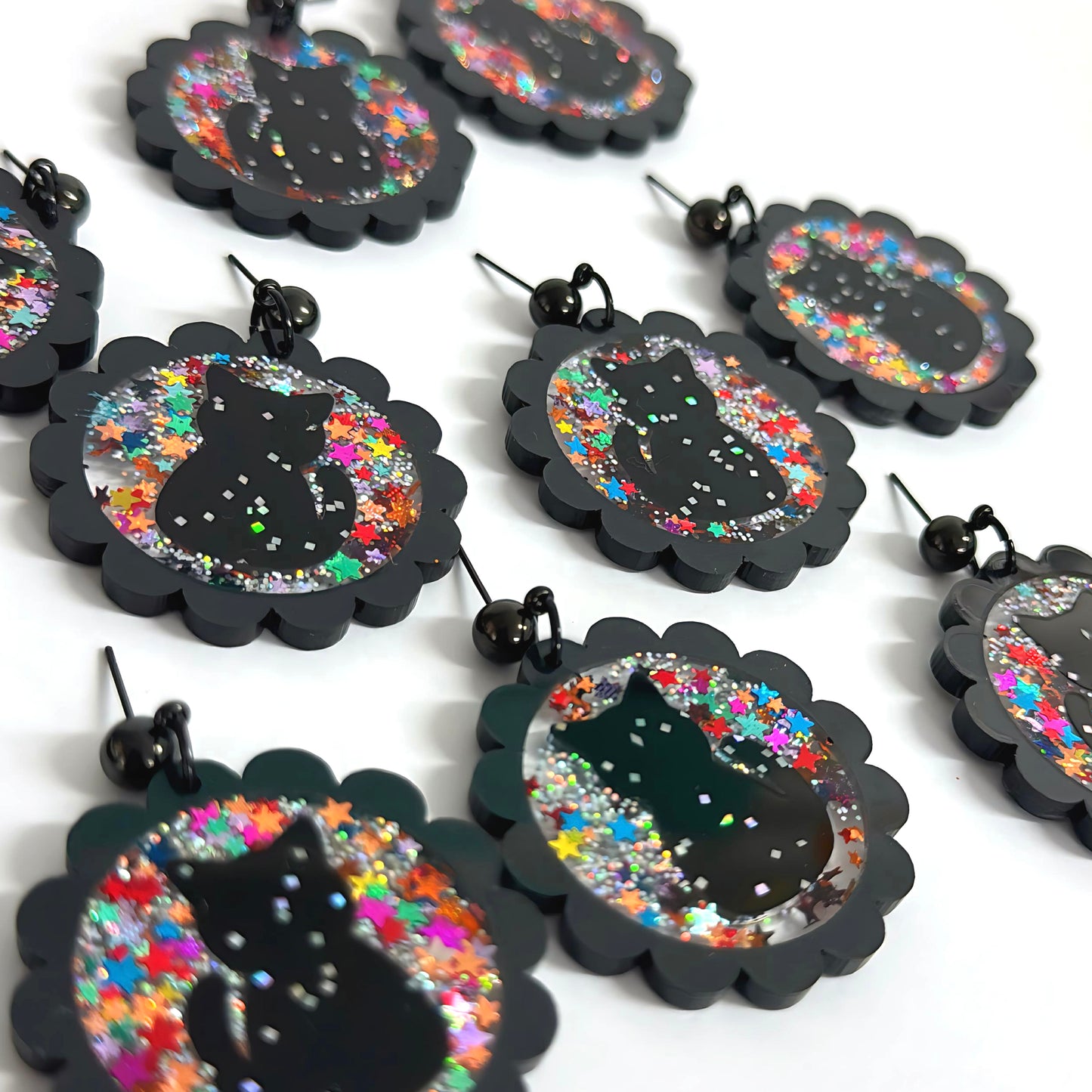 HOLOGRAPHIC RAINBOW STARDUST CATS : Handmade Acrylic & Resin Stud-top DROP Earrings
