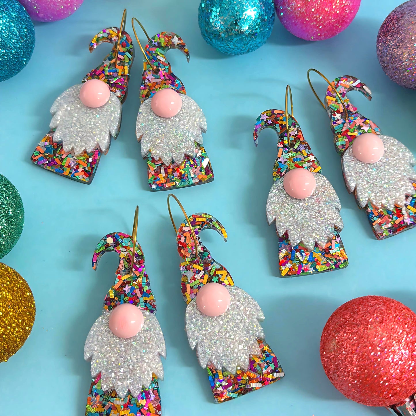 HELLO LITTLE SANTA GNOME : Rainbow Tinsel : Handmade Resin DROP Earrings