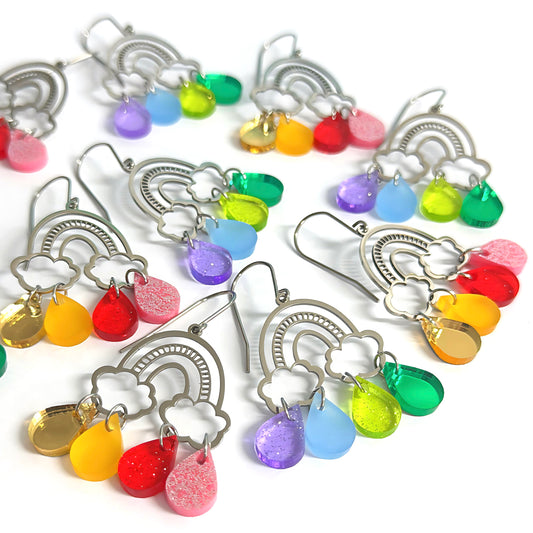 IT’S RAINING RAINBOWS SPARKLES : Silver  : Handmade Acrylic DROP Earrings