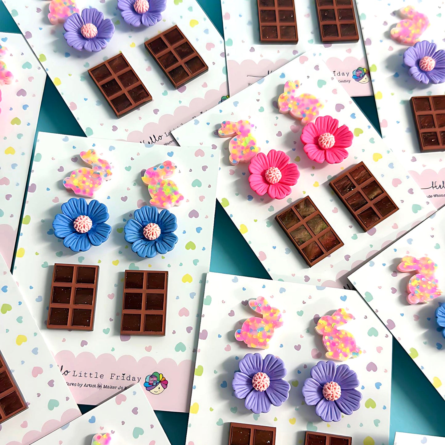 EASTER TREATS SET Bunny, Bloom & Chocolate : Handmade Acrylic & Resin STUD Set - 3 pairs