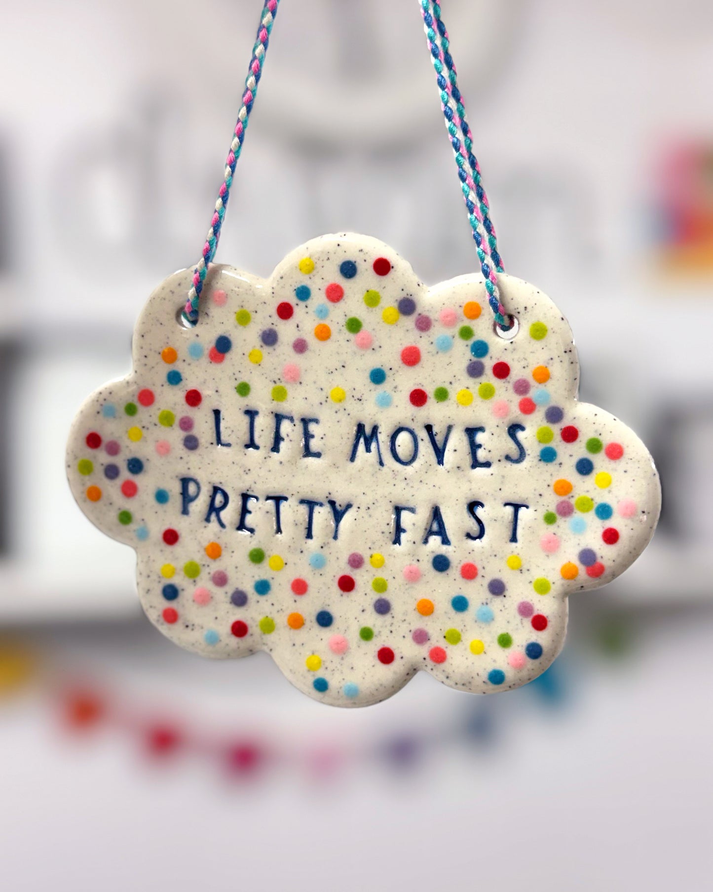 LIFE MOVES PRETTY FAST Wall Art : One of a kind : Handmade Ceramic Ornament by Jo Kealley