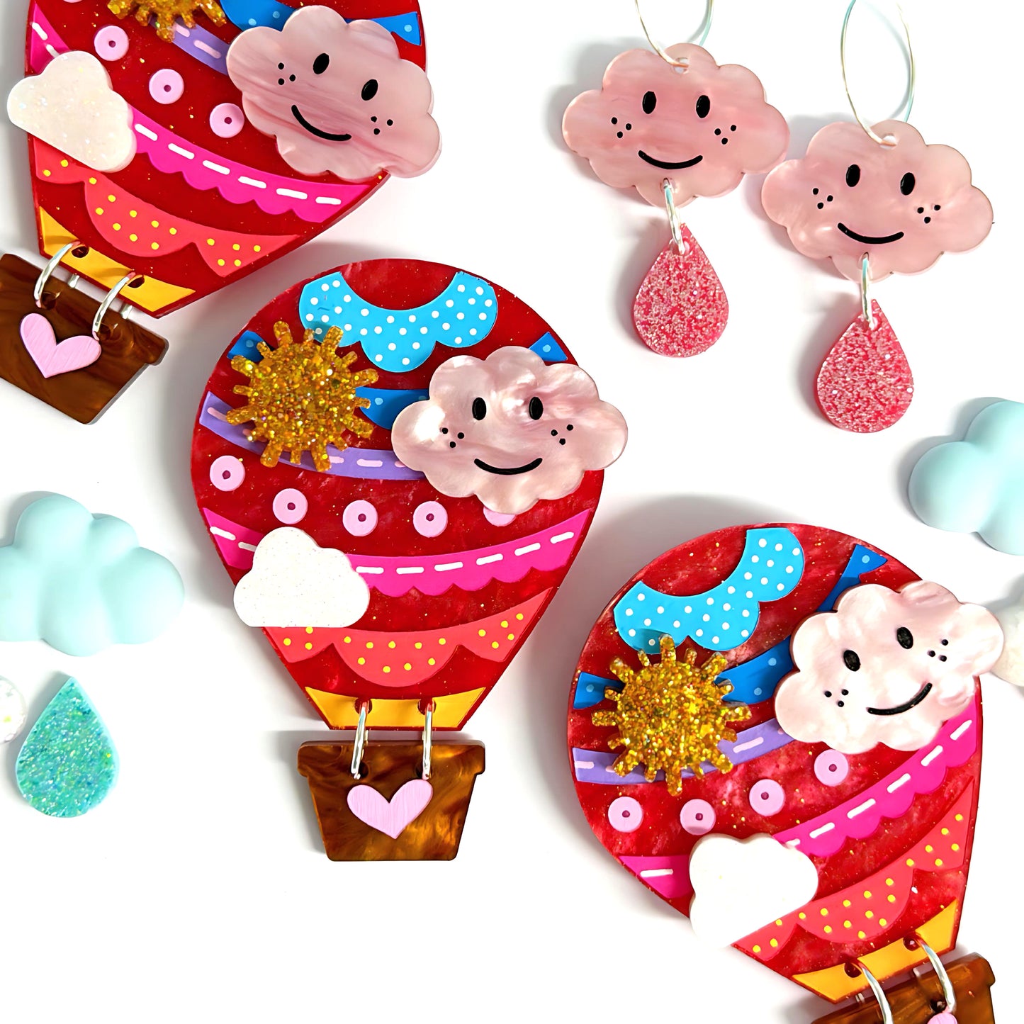 LET’S FLY AWAY : HOT AIR BALLOON : Strawberry Swirls: Handmade Resin & Acrylic BROOCH