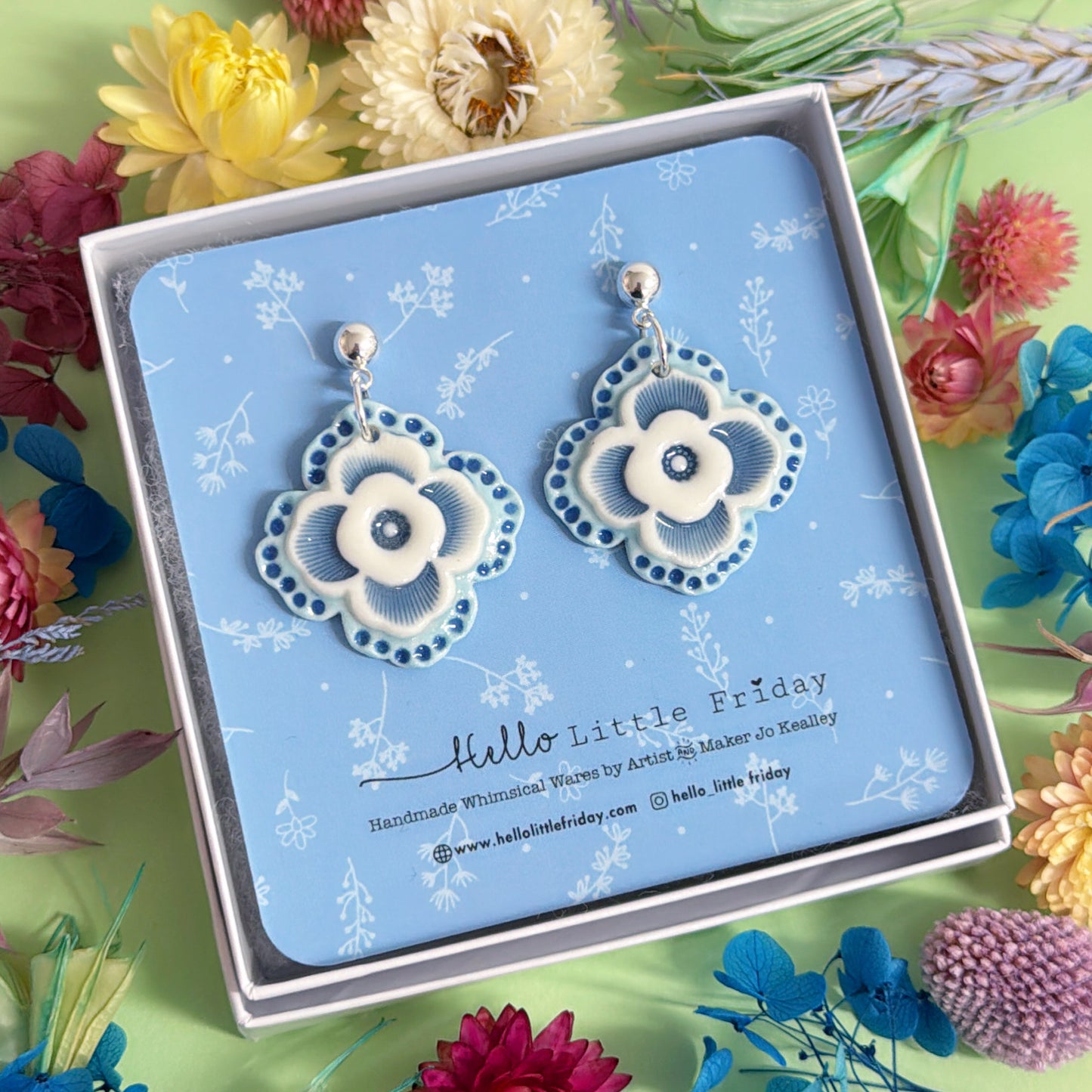 PRETTY PANSIES Indigo & Sky : One of a kind pair ~ PORCELAIN Drop Earrings Handmade by Jo Kealley