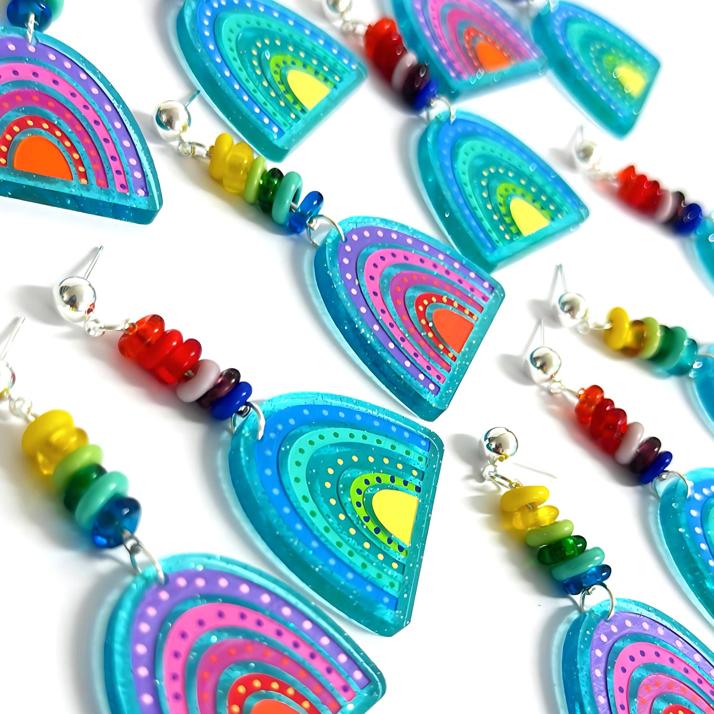 BEADED BOWS : Asymmetrical Rainbows : Handmade Acrylic Stud-top DROP Earrings