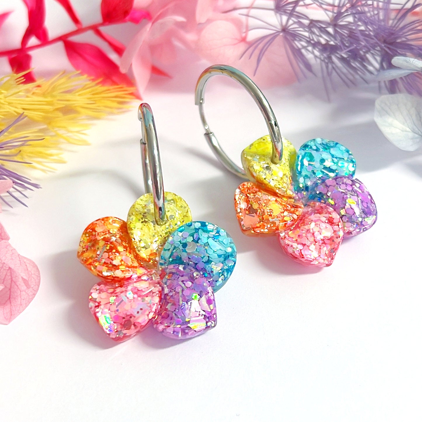 PASTEL RAINBOW FRANGIPANIS: Choose Silver or Gold fittings : Handmade Resin DROP Earrings