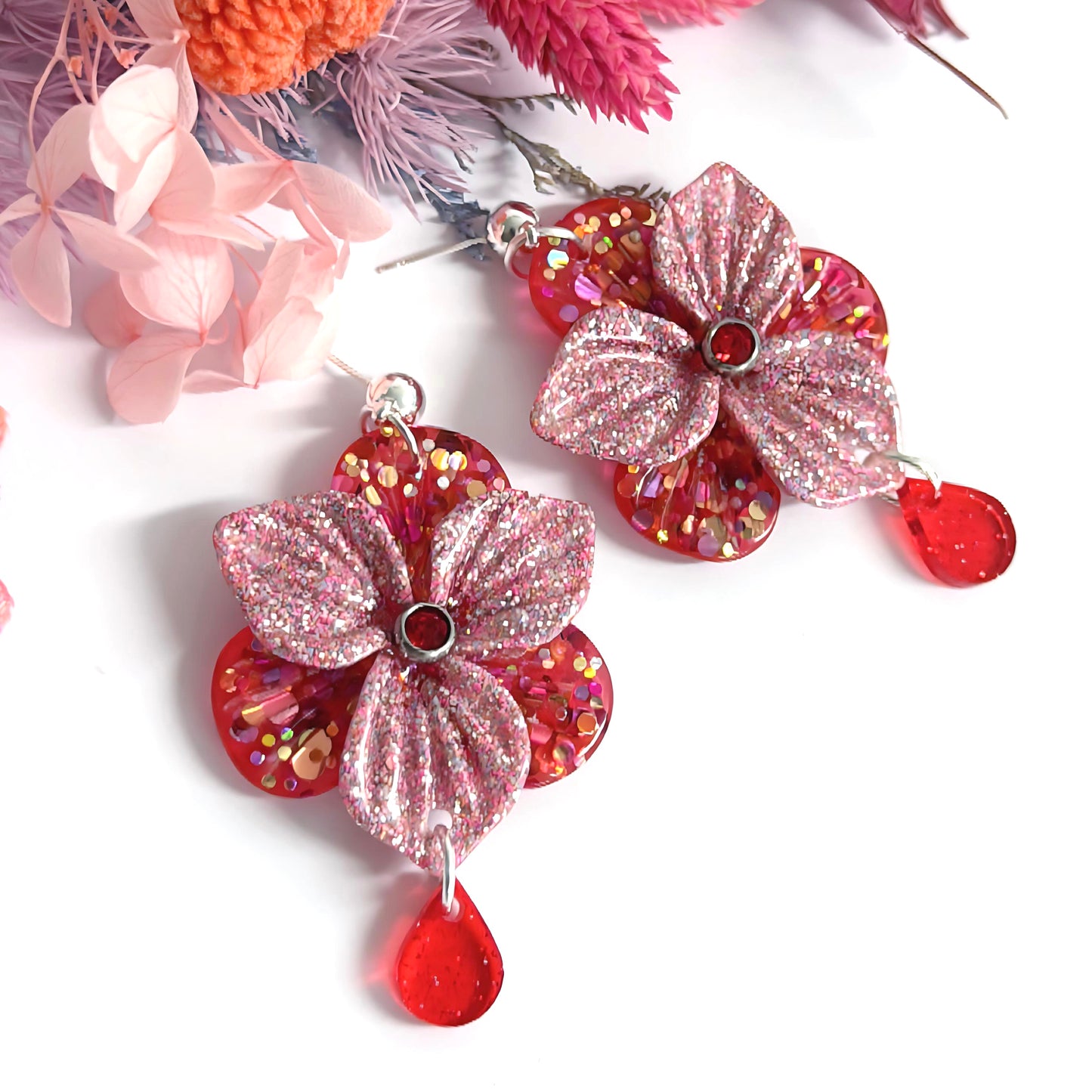 One of a Kind : 3D PANSIES with handset Swarovski Crystal centres : Handmade Resin DROP Earrings