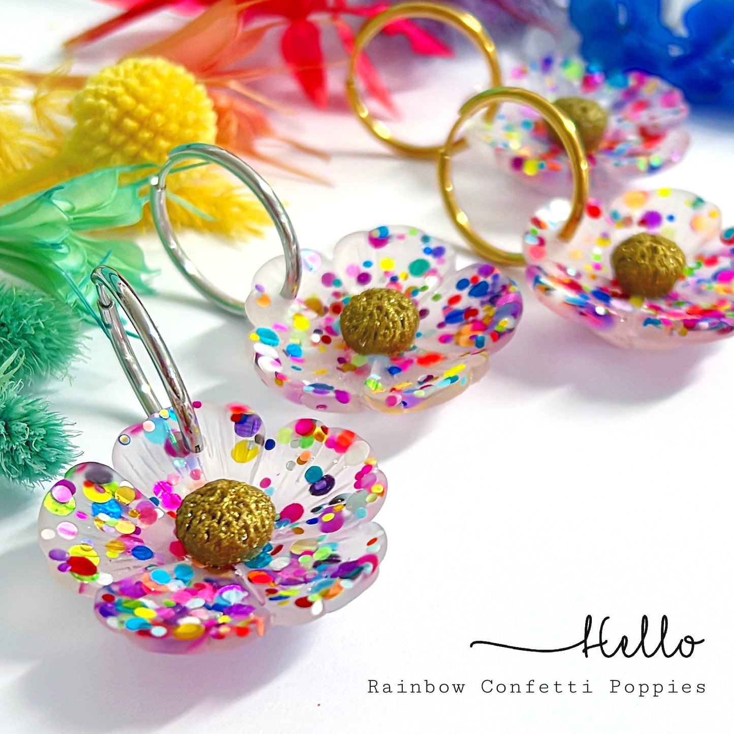 RAINBOW CONFETTI POPPIES : Large : Choose Silver or Gold fittings : Handmade Resin Drop Earrings on HOOPS