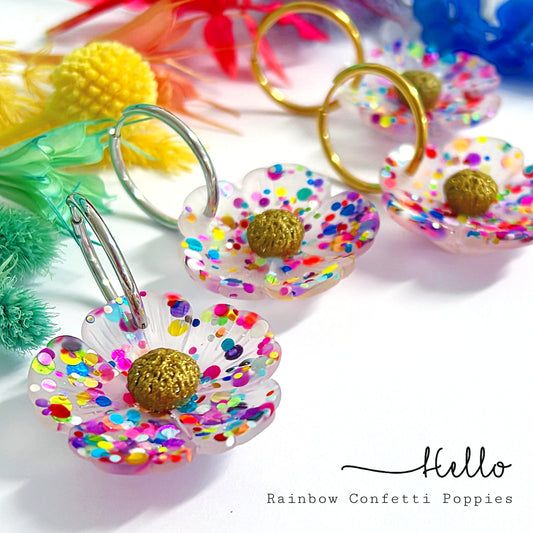 RAINBOW CONFETTI POPPIES : Large : Choose Silver or Gold fittings : Handmade Resin Drop Earrings on HOOPS