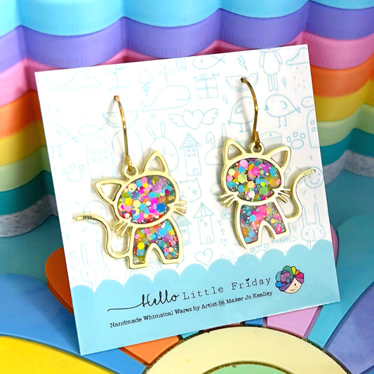 HELLO RAINBOW KITTY CAT : Handmade Resin DROP Earrings