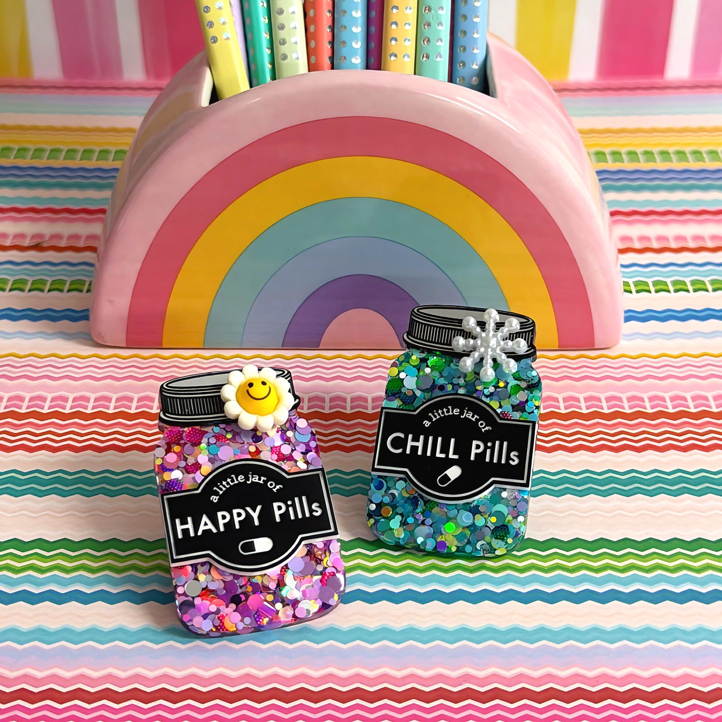 LIMITED EDITION : A LITTLE JAR OF : HAPPY PILLS or CHILL PILLS : Handmade Resin & Acrylic BROOCH