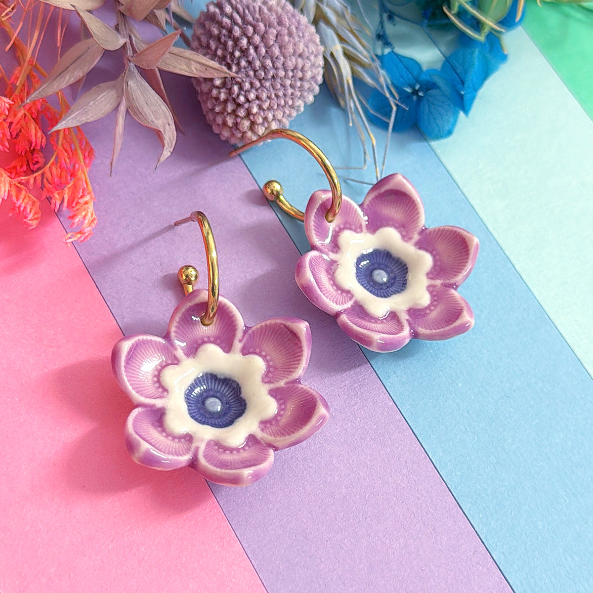 FORGET-ME NOTS Lilac & Lavender ~ PORCELAIN Drop Earrings Handmade by Jo Kealley