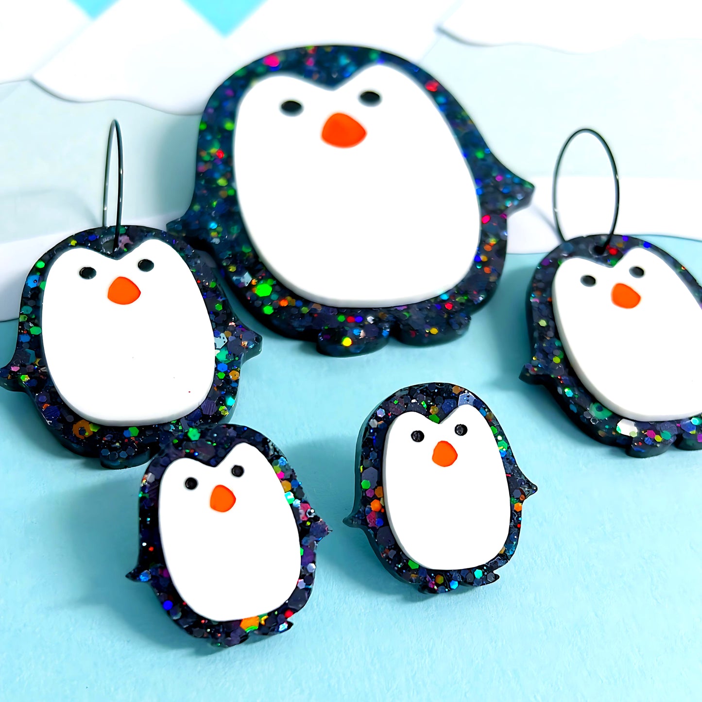 HELLO LITTLE PENGUINS : DAZZLING RAINBOW : Choose STUD or DROP Earrings : Handmade Resin Accessories