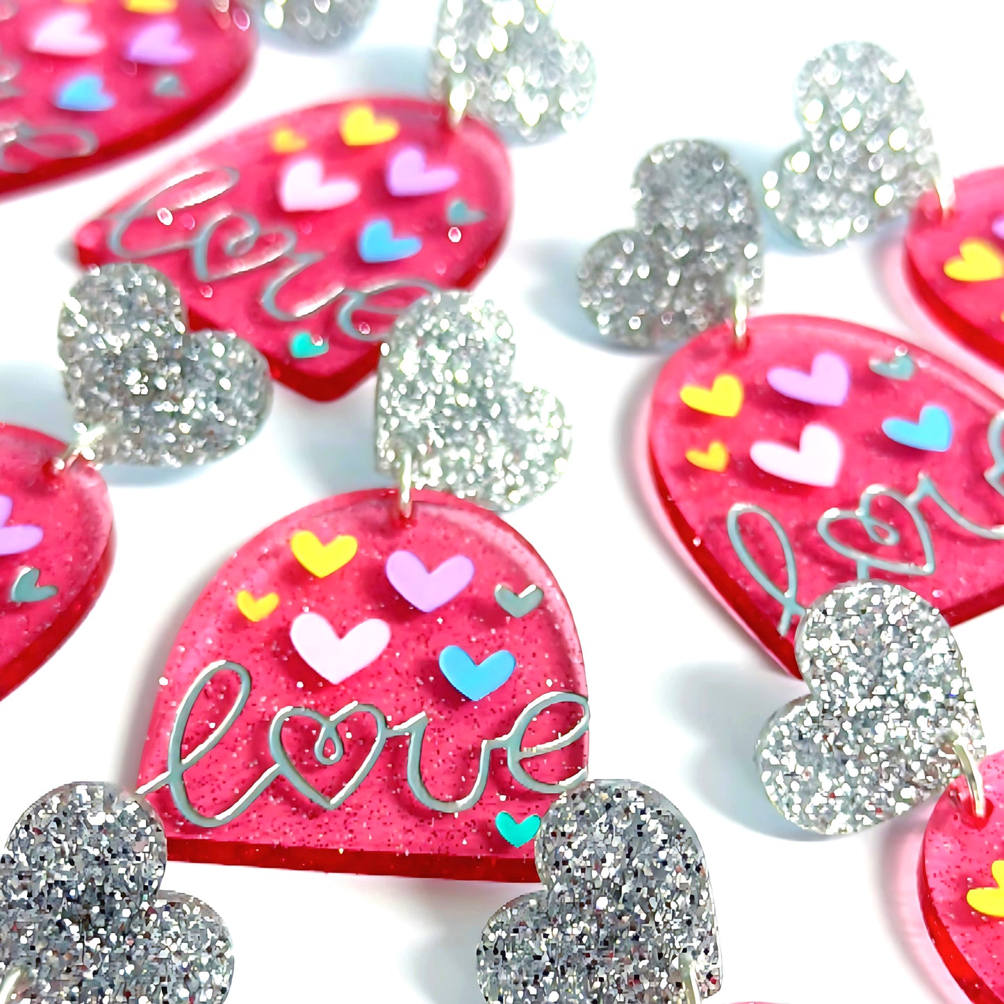 LOVE ACTUALLY : HOLOGRAPHIC GLITTER STRAWBERRY PINK : Handpainted Acrylic Drop Earrings