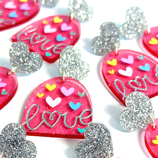LOVE ACTUALLY : HOLOGRAPHIC GLITTER STRAWBERRY PINK : Handpainted Acrylic Drop Earrings