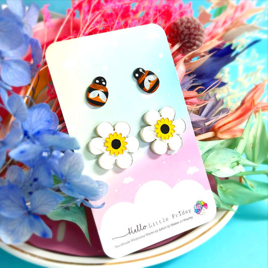 BUZZY BEES & BLOSSOMS SET : Handmade Acrylic STUDS