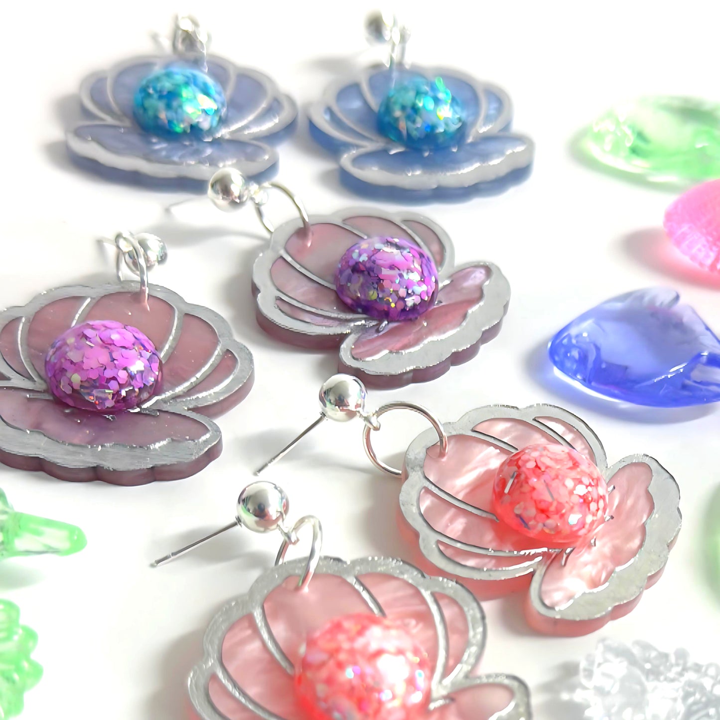 JEWELS OF THE SEA : PEARLS : Choose your colour : Handmade Resin & Acrylic Stud-top DROP EARRINGS