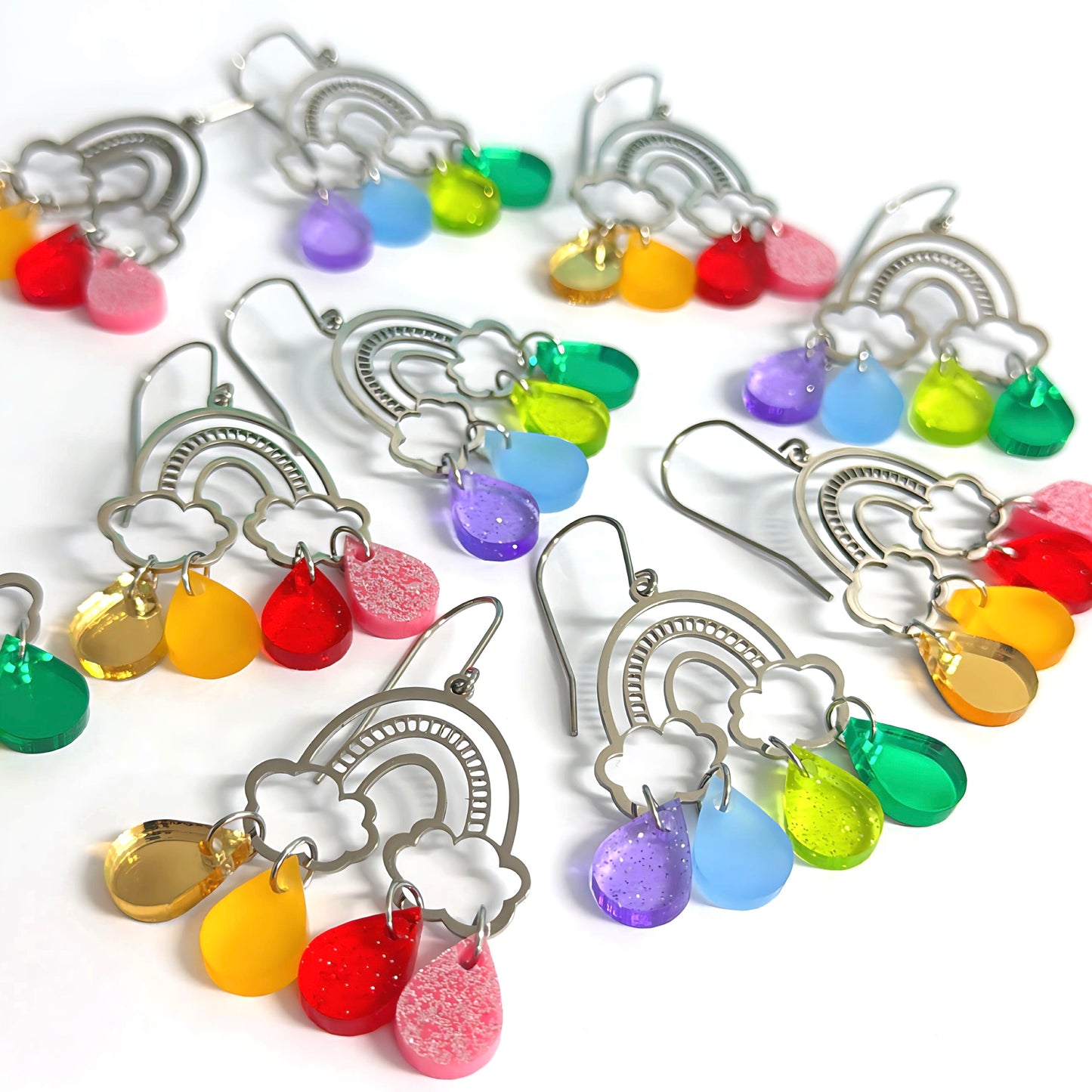 IT’S RAINING RAINBOWS SPARKLES : Silver  : Handmade Acrylic DROP Earrings