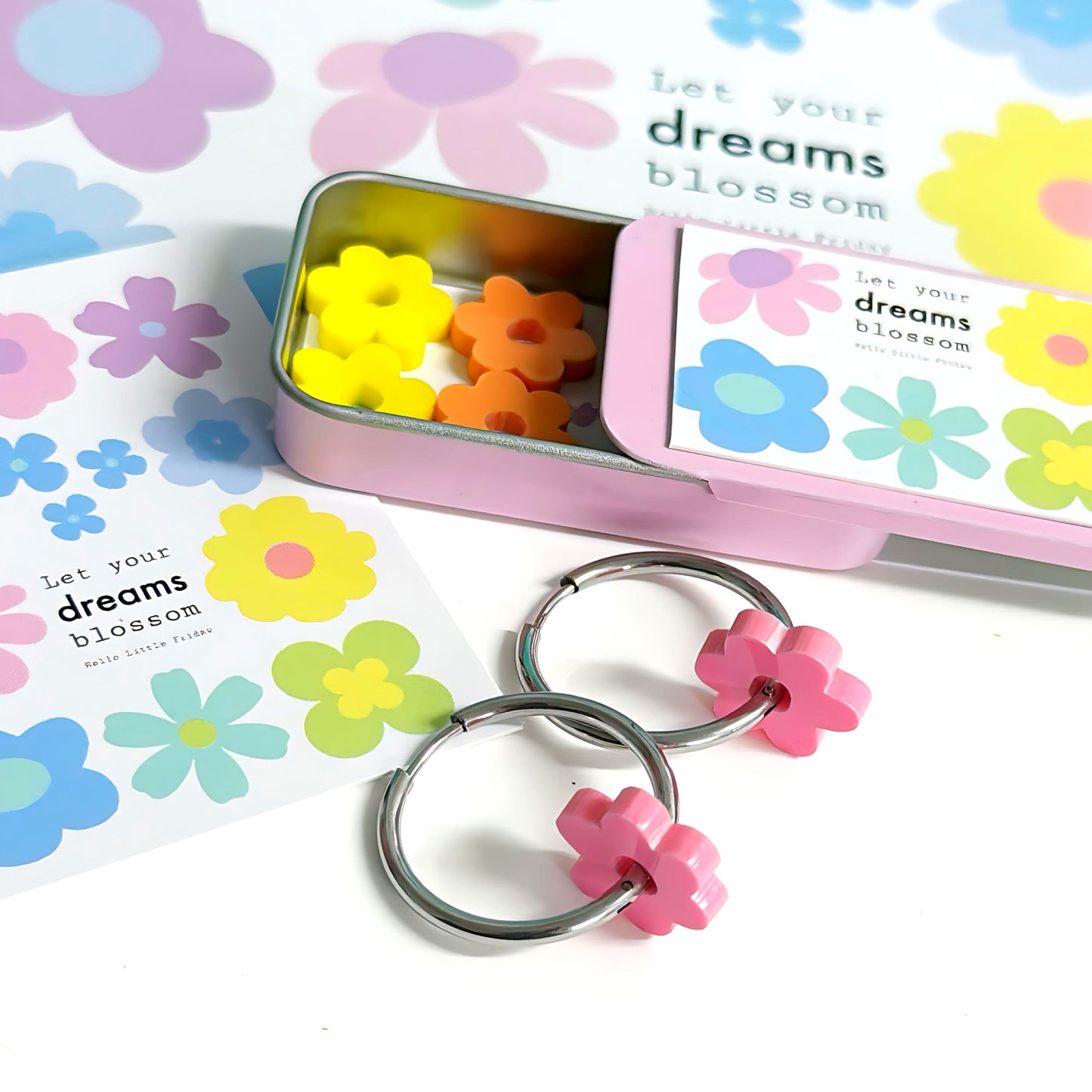PETITE DAISY SPINNER SETS : 3 pairs of daisies + 1 pair of hoops : Choose warm or cool set : Handmade Acrylic DROP Earrings