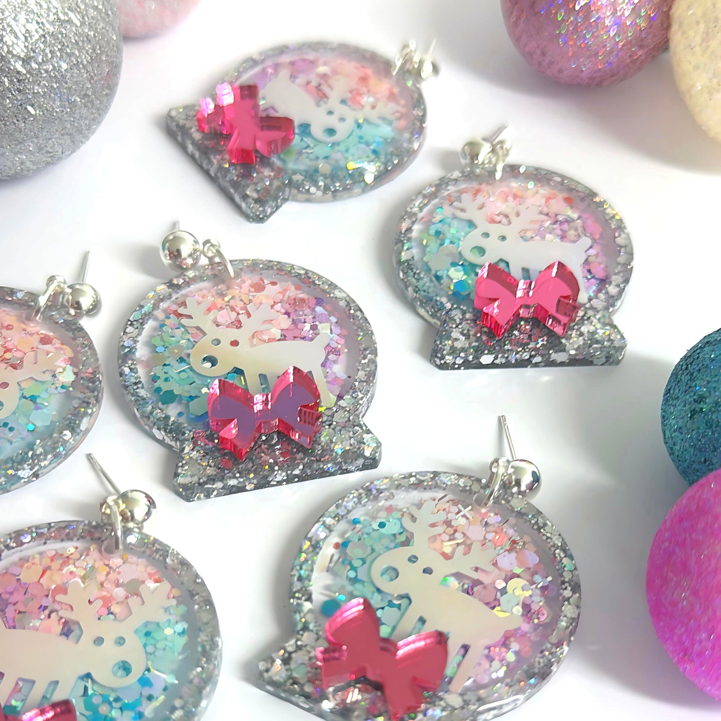 REINDEER SNOW GLOBES : PASTEL OMBRÈ: Handmade Resin & Acrylic Stud-top DROP Earrings