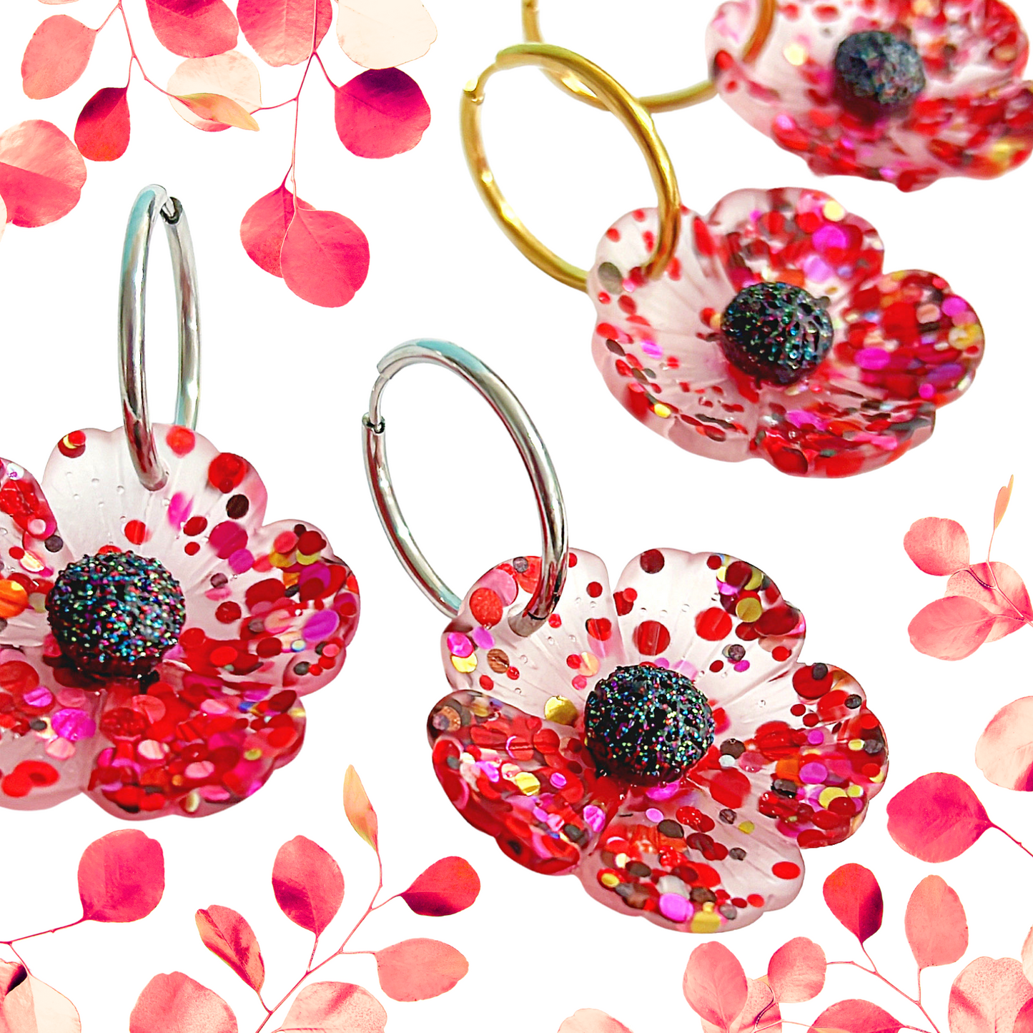 CONFETTI POPPIES : Choose your colour : Handmade Resin DROP Earrings on HOOPS