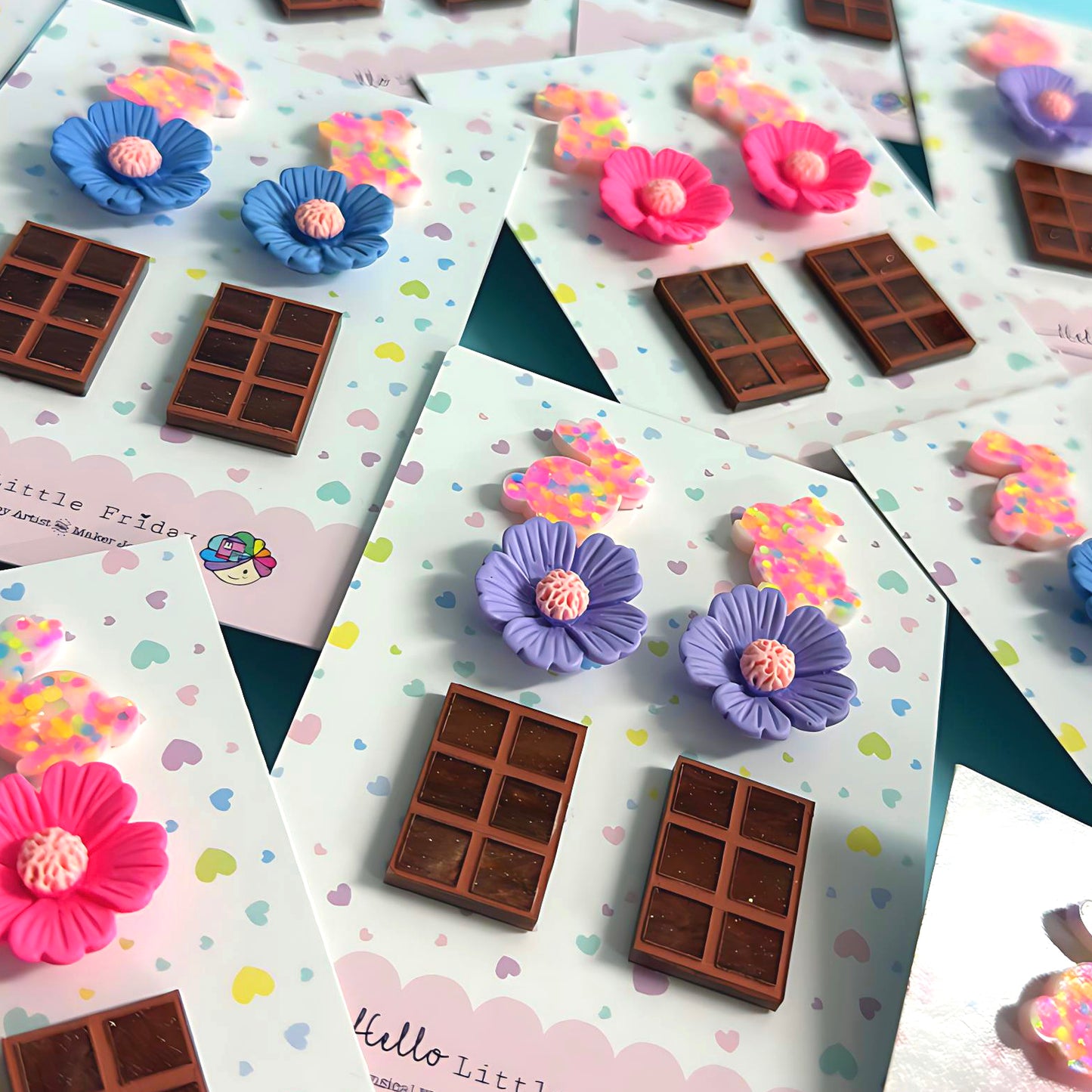 EASTER TREATS SET Bunny, Bloom & Chocolate : Handmade Acrylic & Resin STUD Set - 3 pairs