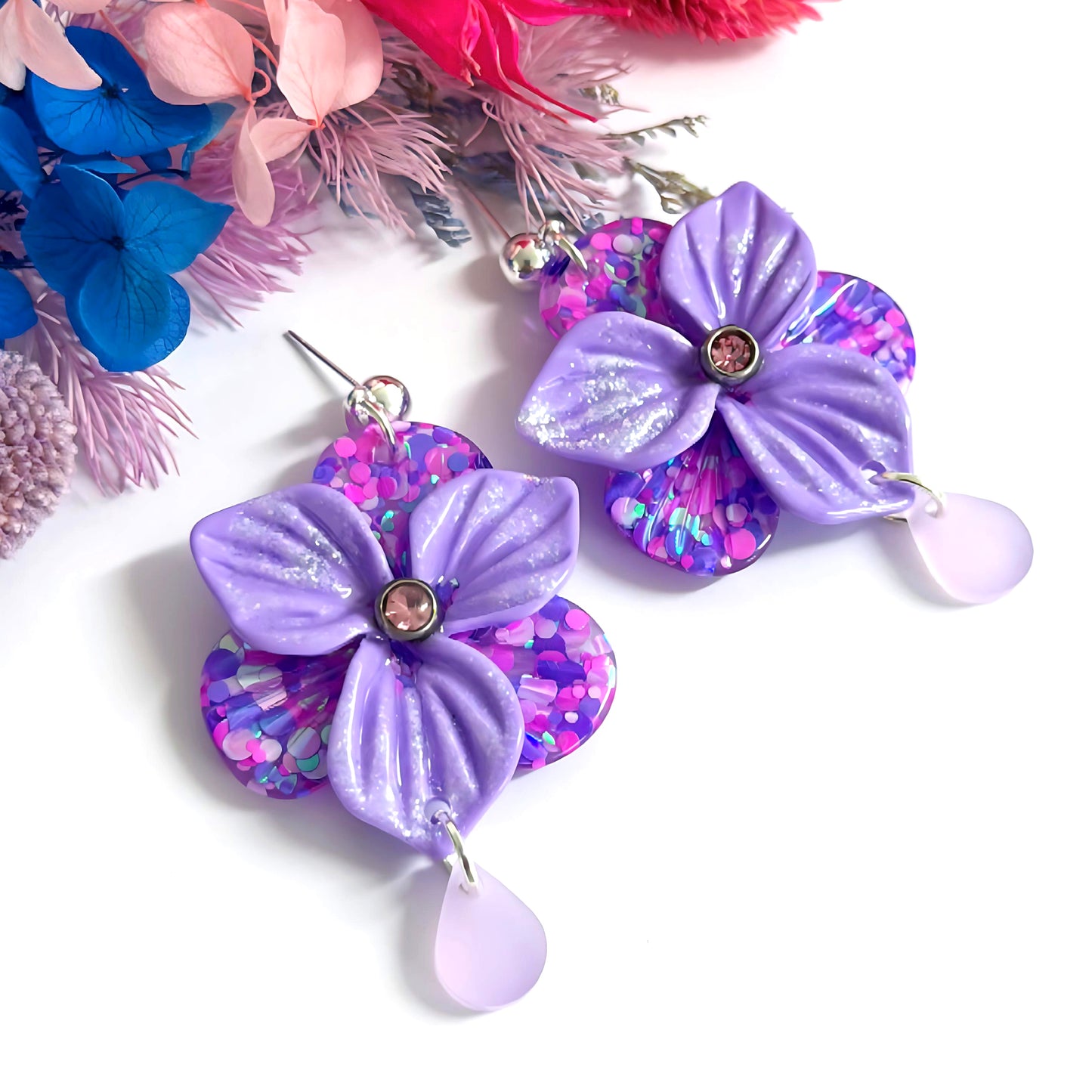 One of a Kind : 3D PANSIES with handset Swarovski Crystal centres : Handmade Resin DROP Earrings