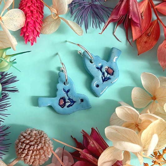BOTANICA CERAMICA : Sky Blue : BABY BLUEBIRDS : Ceramic Earrings by Jo Kealley