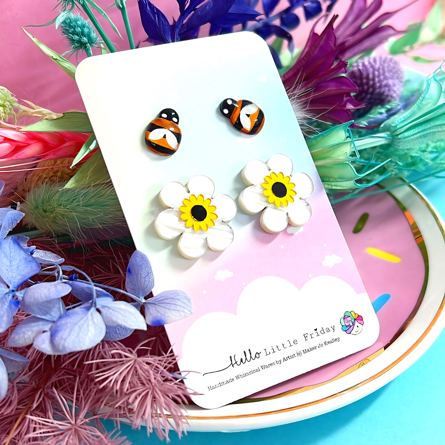 BUZZY BEES & BLOSSOMS SET : Handmade Acrylic STUDS