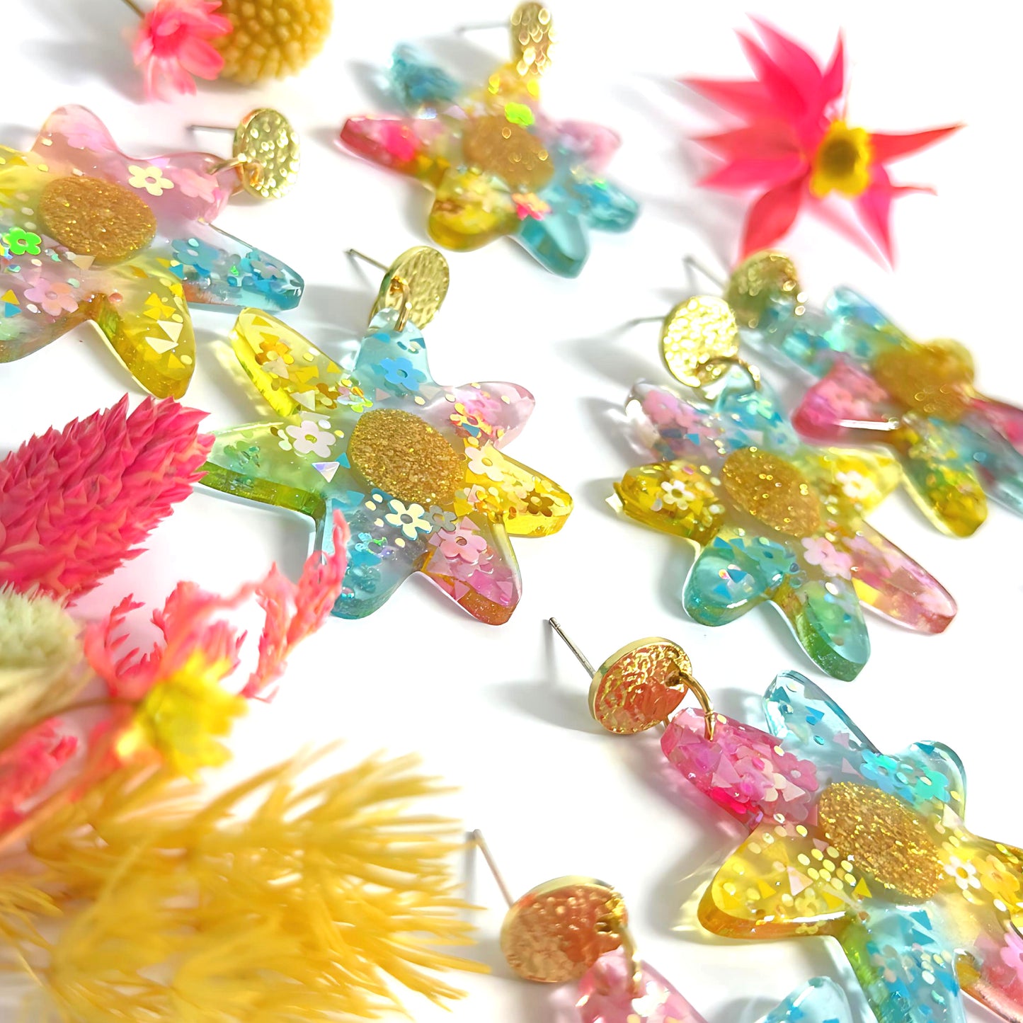 SPRINGTIME JELLIES : Star Blooms : Handmade Resin Stud-top DROP Earrings