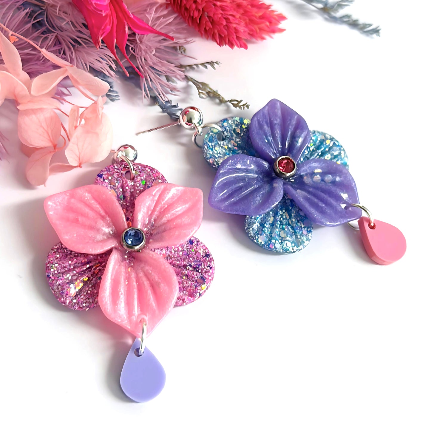 One of a Kind : 3D PANSIES with handset Swarovski Crystal centres : Handmade Resin DROP Earrings