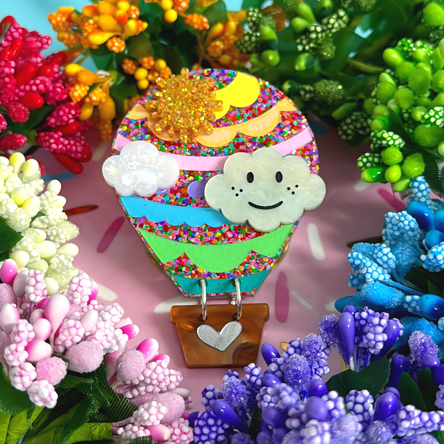 LET’S FLY AWAY : HOT AIR BALLOON : Pastel Rainbow : Handmade Resin & Acrylic BROOCH