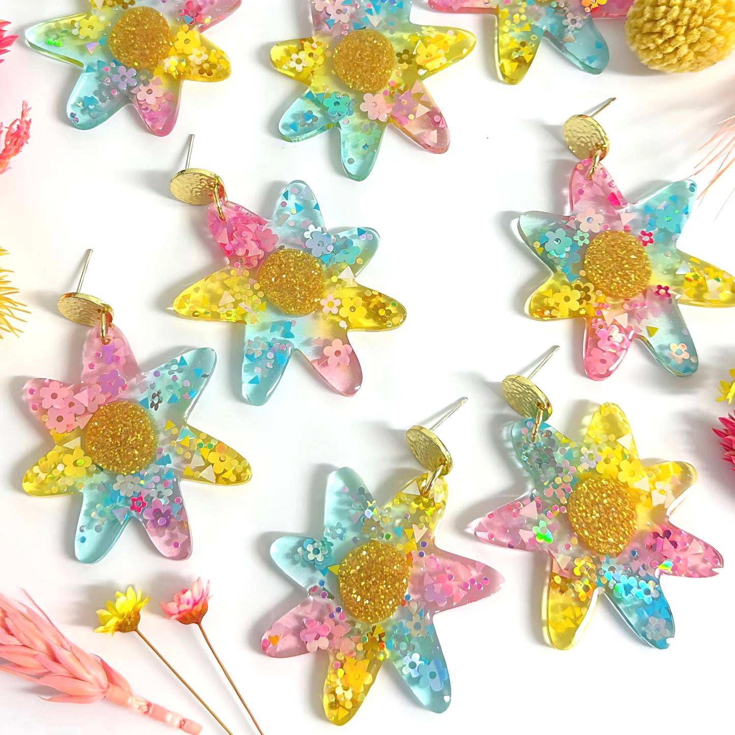SPRINGTIME JELLIES : Star Blooms : Handmade Resin Stud-top DROP Earrings