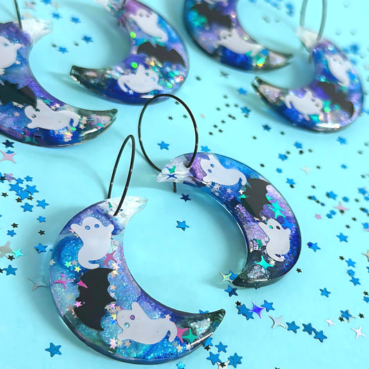 SPOOKY OPAL MOON : Handmade Resin DROP Earrings