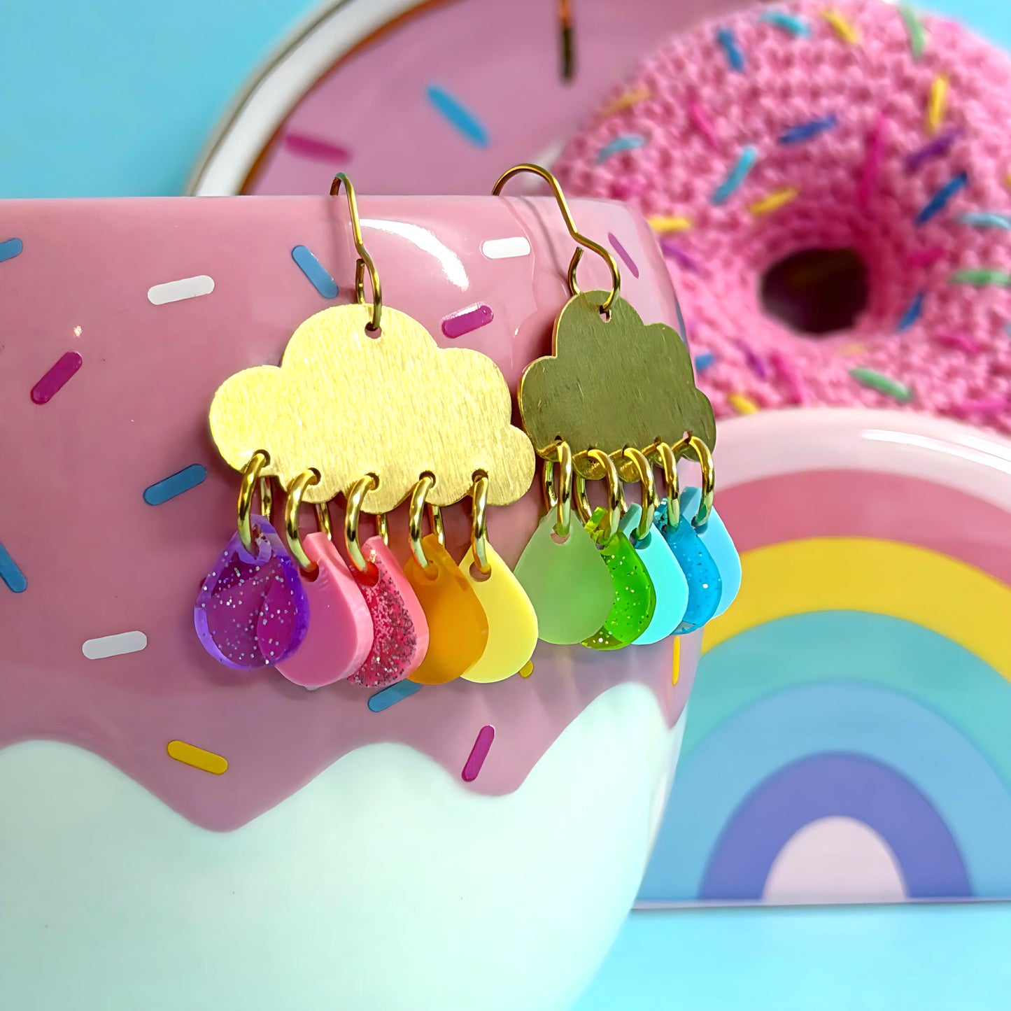IT’S RAINING RAINBOWS PASTEL : Antique : Handmade Brass & Acrylic DROP Earrings