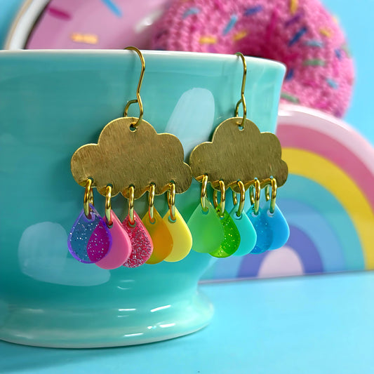 IT’S RAINING RAINBOWS PASTEL : Antique : Handmade Brass & Acrylic DROP Earrings