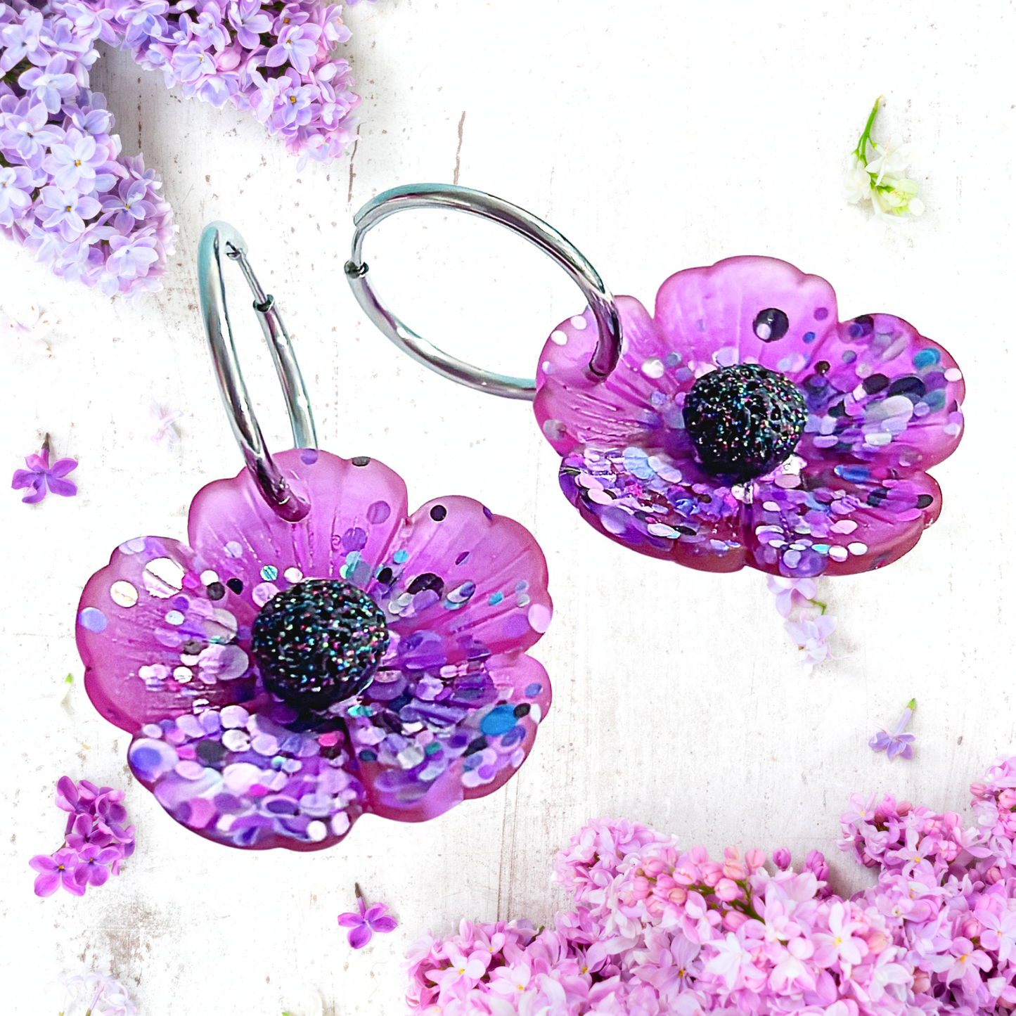 CONFETTI POPPIES : Choose your colour : Handmade Resin DROP Earrings on HOOPS