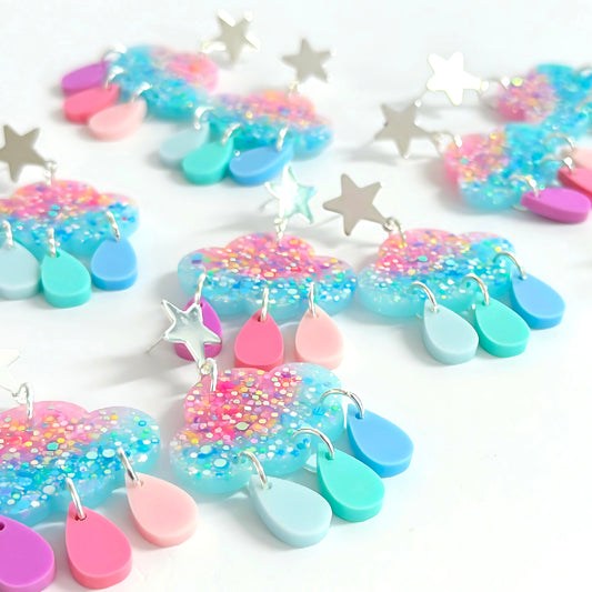 BUBBLEGUM CLOUDS : Asymmetric Pastel Rainbow l: Handmade Resin & Acrylic Drop Earrings
