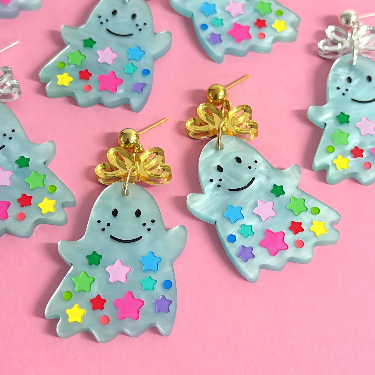 RAINBOW STARDUST GHOSTS : Choose silver or gold fittings : Handpainted Acrylic DROP Earrings