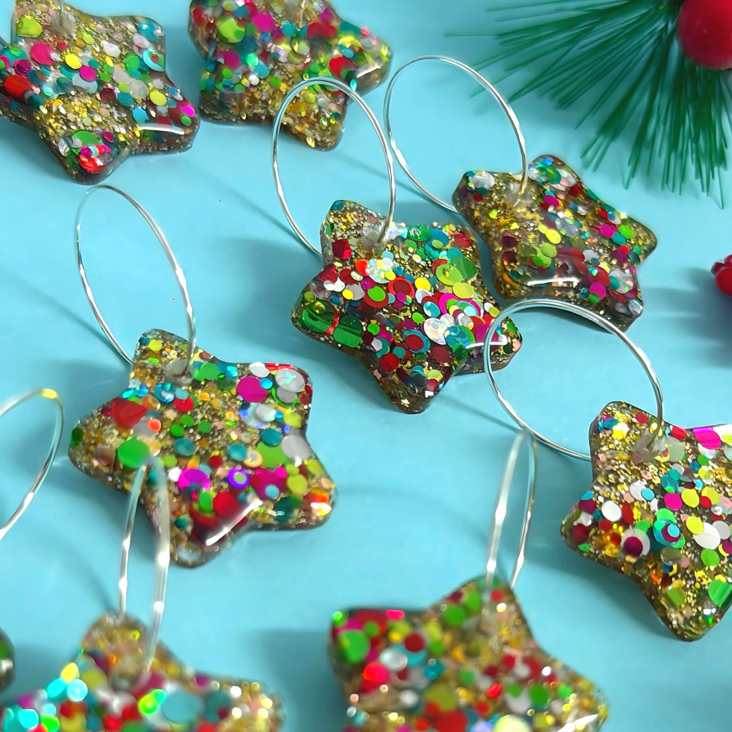 FESTIVE DISCO STARS : Handmade Resin DROP Earrings