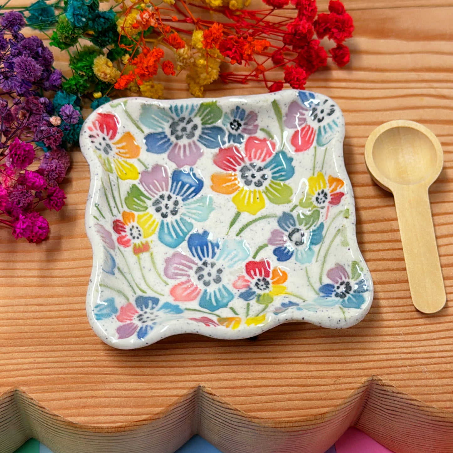 RAINBOW GARDEN ~ Wave-edge Square Dish : Handmade Ceramic Treats & Tapas Dish by Jo Kealley