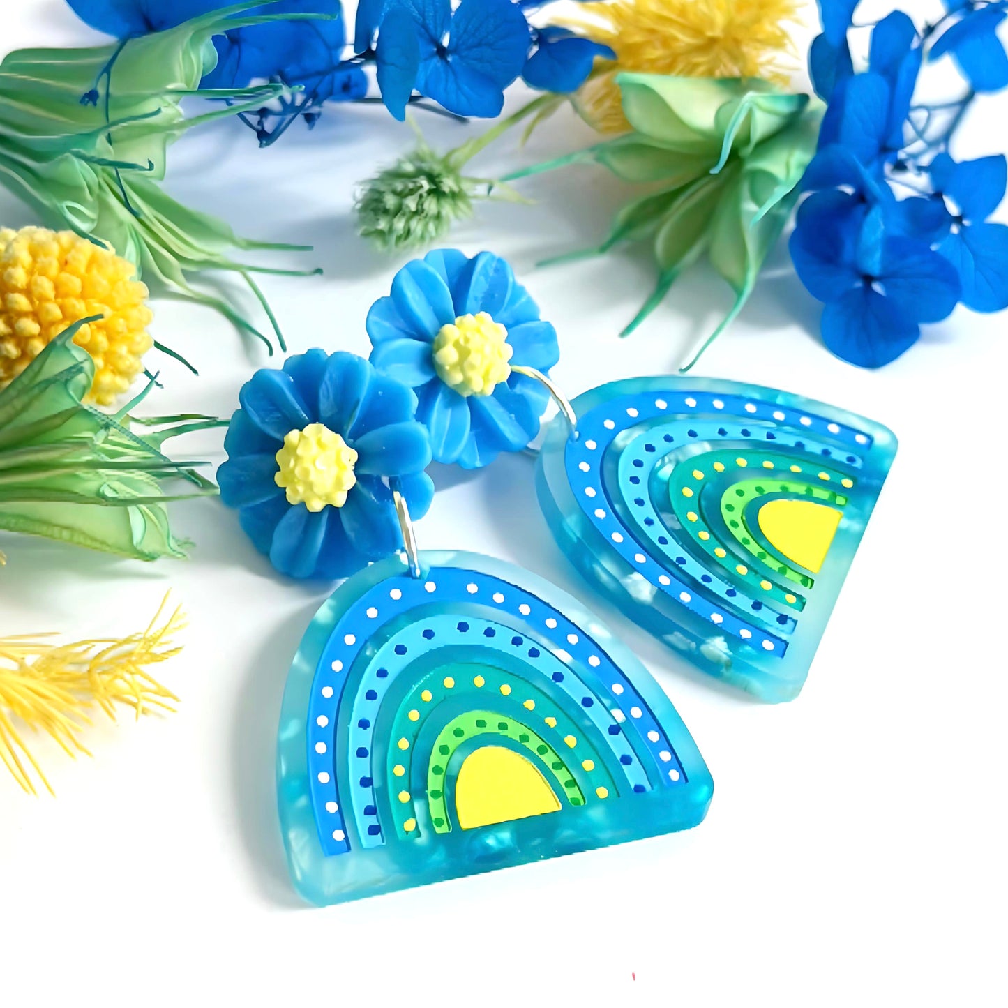 DAISY BOWS : Lemon Lime Blue : Handmade Acrylic Stud-top DROP Earrings
