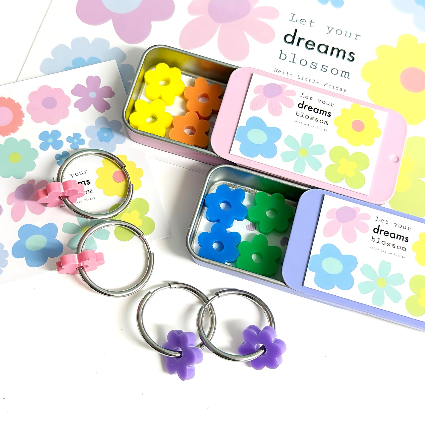 PETITE DAISY SPINNER SETS : 3 pairs of daisies + 1 pair of hoops : Choose warm or cool set : Handmade Acrylic DROP Earrings