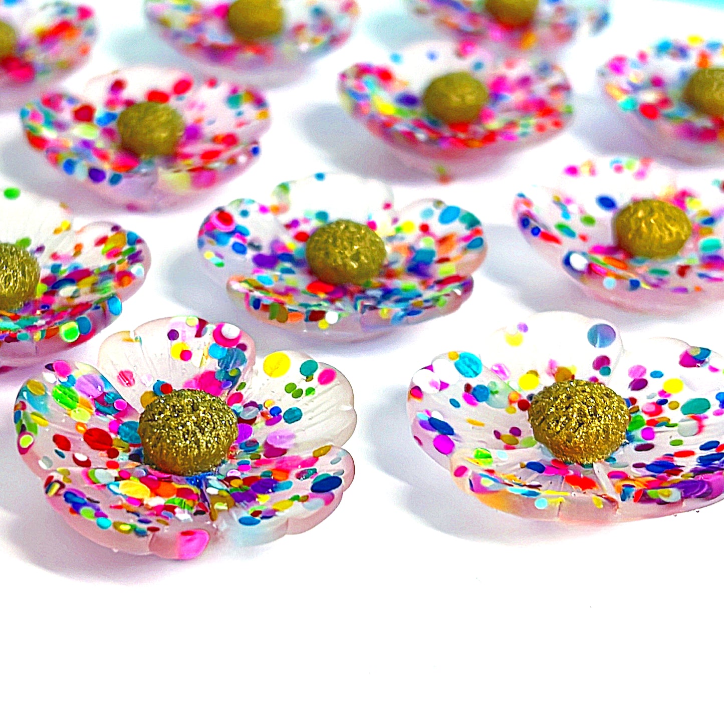 RAINBOW CONFETTI POPPIES : Large : Choose Silver or Gold fittings : Handmade Resin Drop Earrings on HOOPS