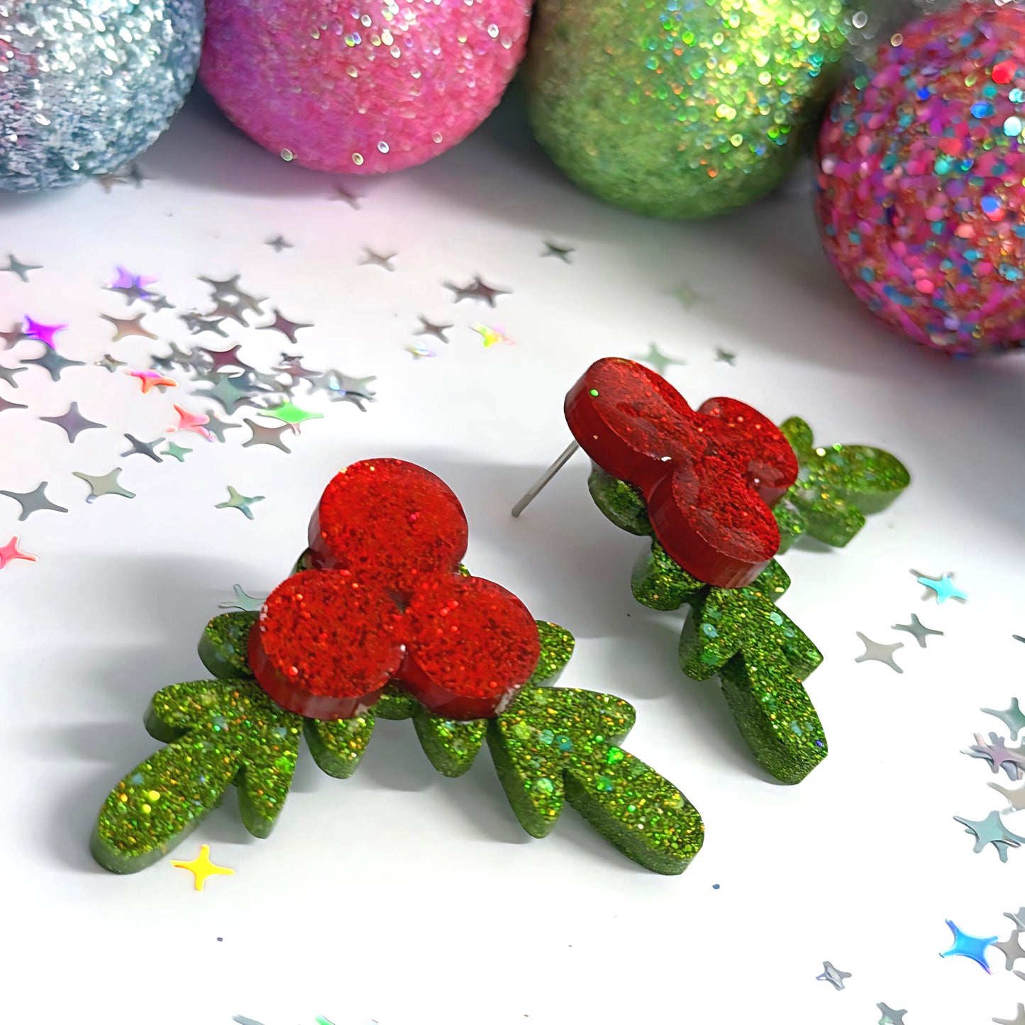 FESTIVE HOLLY : Handmade Resin & Acrylic Statement STUD Earrings