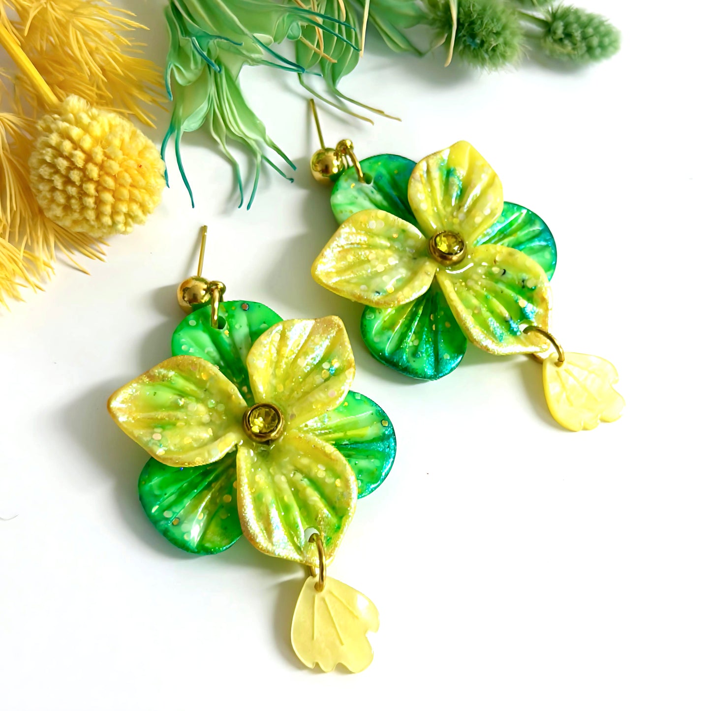 One of a Kind : 3D PANSIES with handset Swarovski Crystal centres : Handmade Resin DROP Earrings