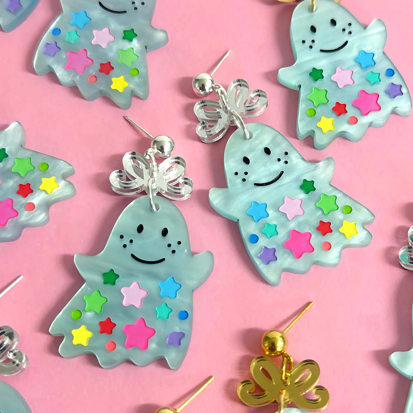 RAINBOW STARDUST GHOSTS : Choose silver or gold fittings : Handpainted Acrylic DROP Earrings
