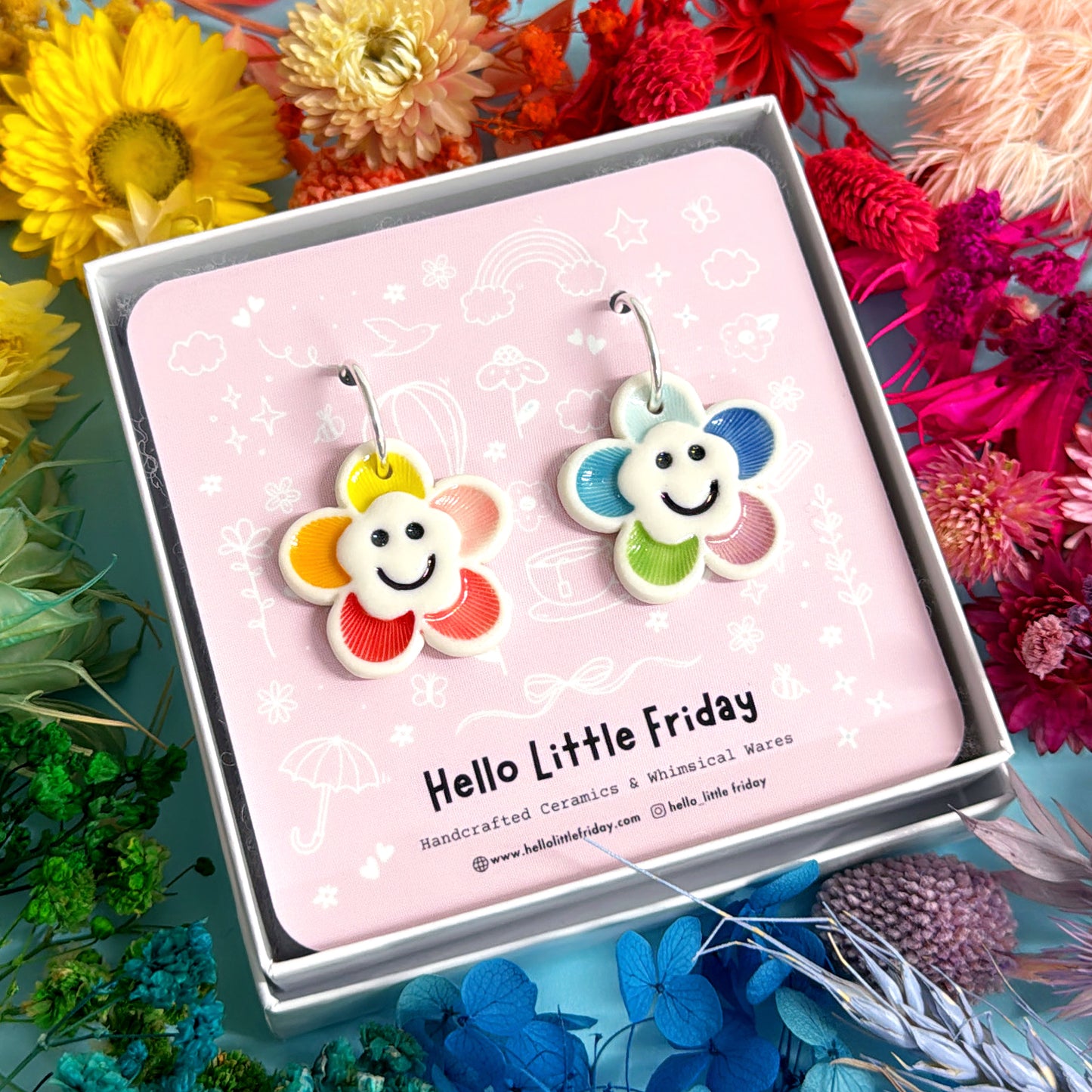 RAINBOW FIELDS : THE HAPPIEST DAISIES ~ PORCELAIN Drop Earrings Handmade by Jo Kealley