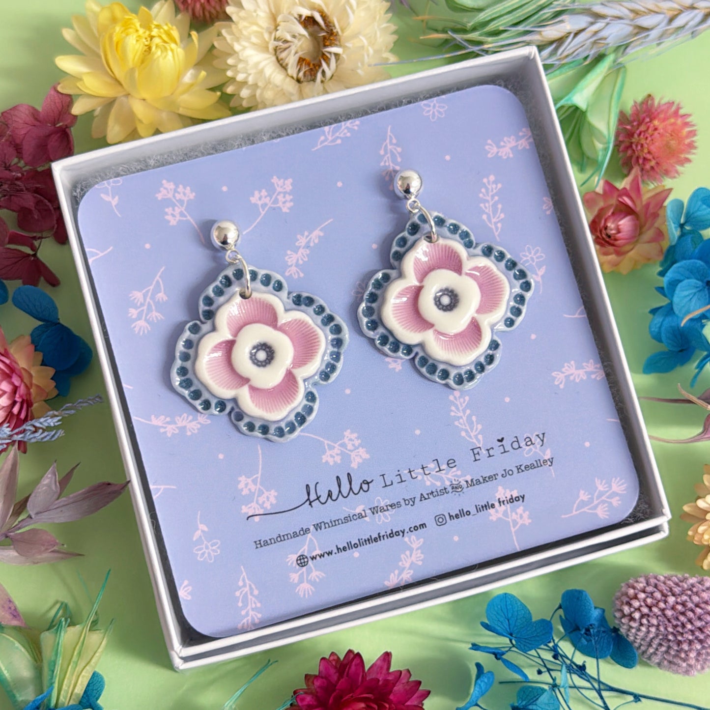 PRETTY PANSIES Violet & Lavender ~ PORCELAIN Drop Earrings Handmade by Jo Kealley